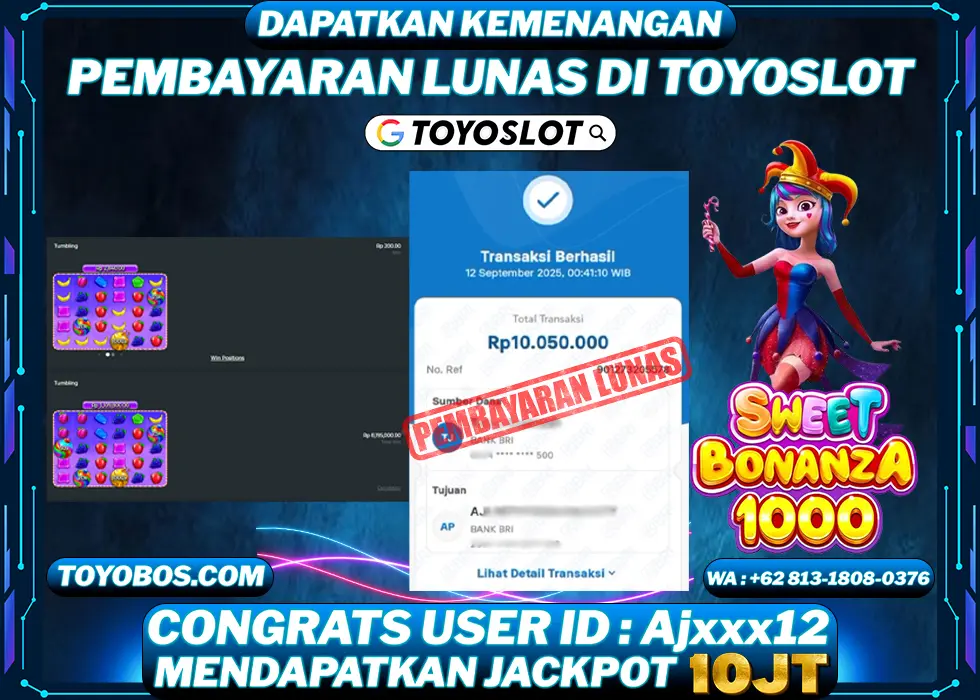 TOYOSLOT - BUKTI KEMENANGAN Sweet Bonanza 1000x Rp10,050,000,- LUNAS